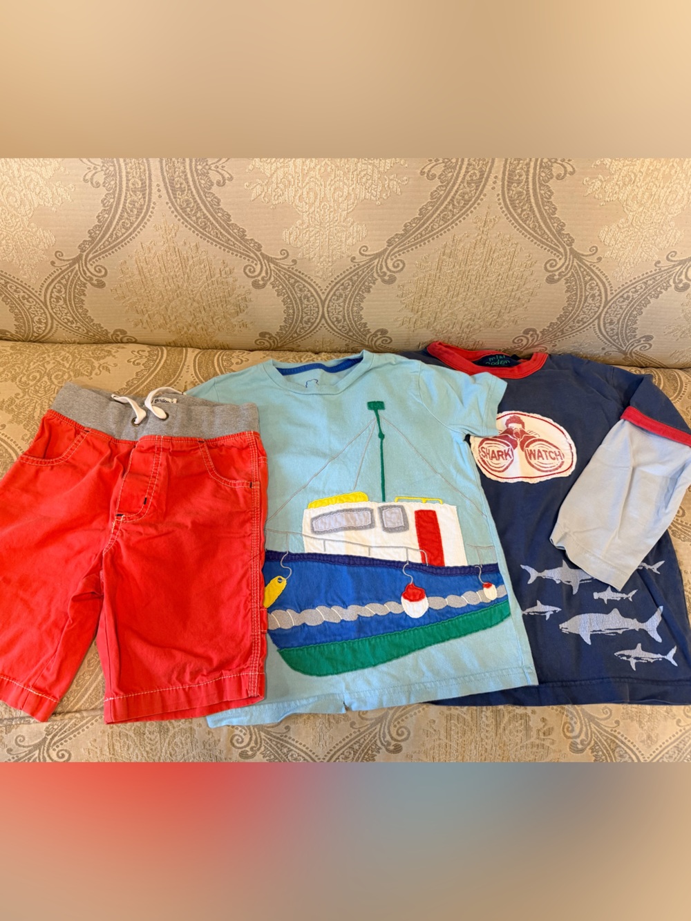 Lot Mini Boden Boys Fishing Boat Tee + Red Shorts + long sleeve tee  Size 5-6Y